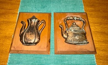 Two Copper On Wood Wall Plaques Coffee And Tea Pot