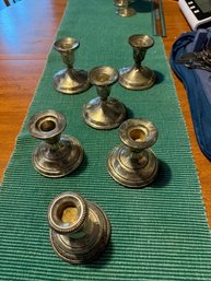 Group Of Six Sterling Silver And Silver Plate Candle Sticks Approx 3' Tall