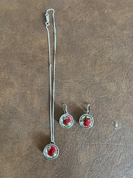 Round Rose Carved Glass Set Earrings And Necklace