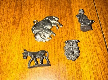 Group Of Four Charms, Donkey, Bull, And Two Religious Icons