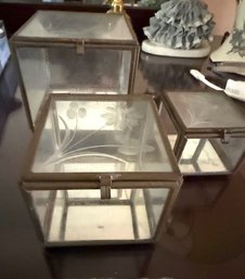 Set Of Three Glass Etched And Brass Trinket Boxes, 3 Sizes