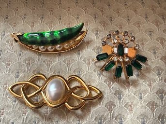 Collection Of 3 Eclectic Gold Tone Brooches/pins One Anne Klein