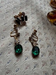 Two Pair Of Emerald Colored Stone Screw Back Earrings,