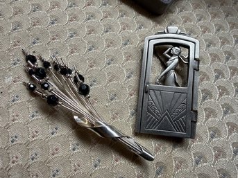 Deco Lady Walking Dog, Opens Like Book By JJ Jonette Jewelry, And Spray With Black Beads