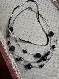 Two Silver And Black Glass Beaded Necklaces, 16'