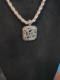 925 Silver Marcasite And Filagree J Necklace On Silver 925 Chain