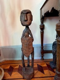24' Approx East African Man With Turtle Carved Wooden Sculpture