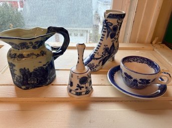 Collection Of Blue And White Porcelain Cups, Pitcher, Bell And Shoe See All Photo!