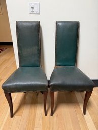 Pair Of Deep Green Mid Century Hammer Head Leather Covered Dining Chairs