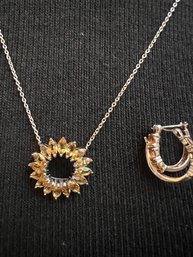 Flower Citrine Burst Necklace With Ring And Earrings Set In 925