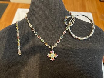 3 Piece Ensemble Of Sterling Silver With Semi Precious Stones ~ Necklace, Ring, Bangle Bracelet