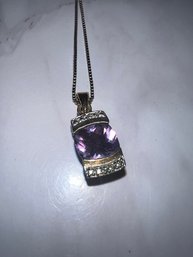 3 Piece Ensemble, Amethyst And Crystal Pendent On Chain, Earrings And Ring 925 With Gold Overlay