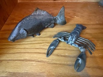 Lobster And Fish Metal Sculptures  Approx 8' Long
