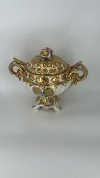 Gold And Floral Capodimonte Covered Footed Dish
