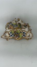 Rare Floral Capodimonti Made In Italy Covered Dish Gilt And Hand Painted