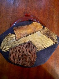 Clutch Patchwork Leather With Bakelite Frame Approx 7' Long