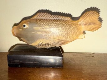 Vintage Horn Carved Fish On Pedestal Approx 6'