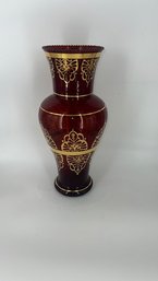 Gilded Bohemian Cranberry Glass Vase Approx 10'