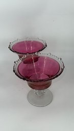 A Pair Of Cranberry Glass Footed Candy Dishes