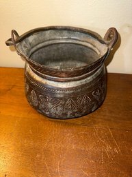 Antique Early 19th C Snake Handle Copper Etched Pot Possibly Turkish, Armenian, See Mending