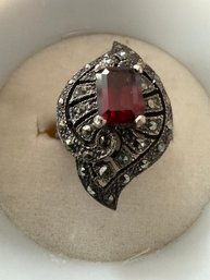 Vintage Sterling Silver, Marcasite And Garnet Ring, Size 6 Approx