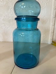 MCM Teal Hand Blown Glass Apothecary Covered Jar 9" Tall