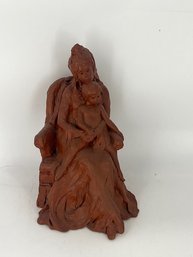 Seated Mother And Child Sculpture In Terracotta Clay By Nancy Dupont
