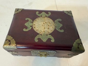 Japanese Rosewood Treasure Box With Carved Jade And Brass Hardware