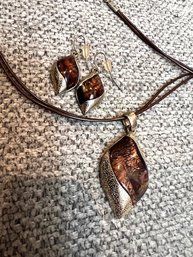 Costume Set Earrings And Necklace Amber/tiger Eye Look