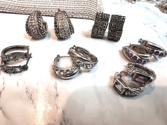 Exquisite Group Of 6 Sterling Silver And Marqusite Earrings