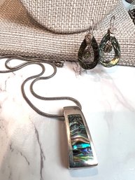 A Set Of Abalone And Sterling Silver Earrings And Necklace