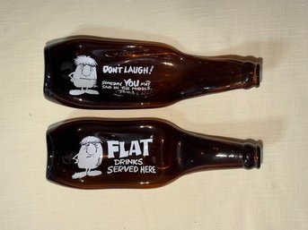 Fun Pair Of Flattened Beer Bottles 'Flat Drinks Served Here' And Don't Laugh.., 1970's Ashtrays