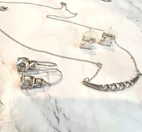 Cubic Zirconia And Sterling Silver Set 2 Pair Earrings And Necklace