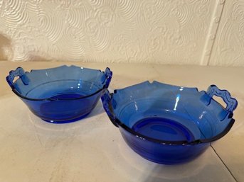 A Pair Depression Era Of Cobalt Handled Glass Bowls With Silver Lines Approx 6" Diameter