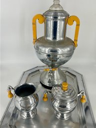 4 Piece Set Of Retro Samovar Creamer, Sugar Bowl And Tray