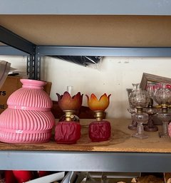 Exceptional Collection Of Oil Lamps 3 Sets  2 Clear/light Purple  One Red Tones And 3 Pink Glass Shaded