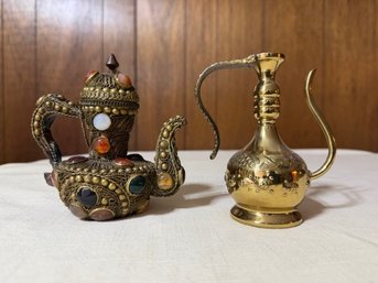 2 Vintage Middle Eastern Coffee Pots, Brass Dallah And Turkish Adorned Brass With Colorful Gem Stones