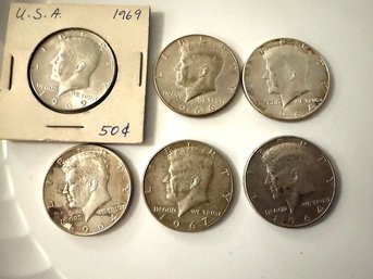 Group Of 6 Kennedy Half Dollars One Denver  1964- 1969 (#6)