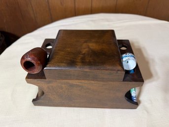 Walnut Pipe Holder Including 2 Pipes, One Enamel One Carved Wood Bowl