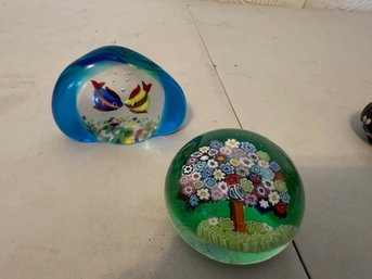 Two Murano Glass Paper Weights, Tree Of Life And Fish 2" And 3" Each