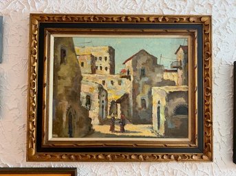 Village Scene Painting On Canvas, Signed Lower Right, Approx 22 X 28'