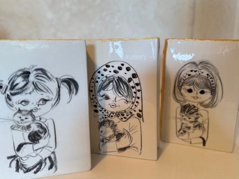 Mod Style Pottery Book Vases ~three Big Eyed Girls With Cats, Wall Pockets Made In Italy