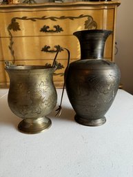 A Pair Of Brass Vase And Etched Ice Bucket With Tongs