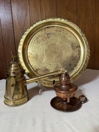 Collection Of Tea/coffee Pots And Tray Brass And Copper