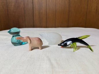 A Group Of Glass Miniature Animals , Elephant, Murano Dolphin, Bird