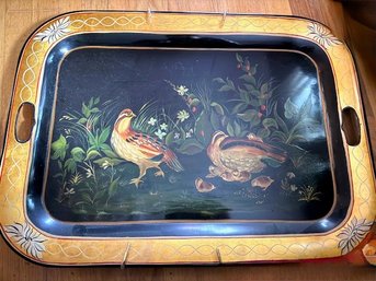 Exceptional Hand Painted Pheasants Tole Ware Large Tray With Handles