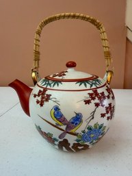 Asian Birds And Floral Porcelain Teapot Wrapped Bamboo Handle