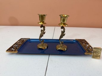 Oppenheim Enamel Tray And Shabbat Candlestick Set