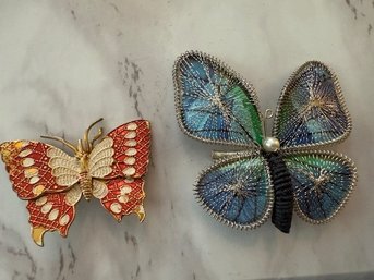 Two Colorful Butterfly Brooches, One Made In Spain