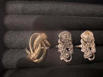 A Group Of 3 Silver And Marcasite Rings Floral